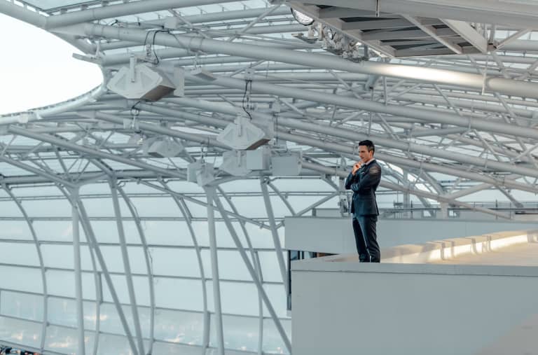 John Thorrington On Banc Stadium Roof Watching Game LAFC vs POR 190710 IMG